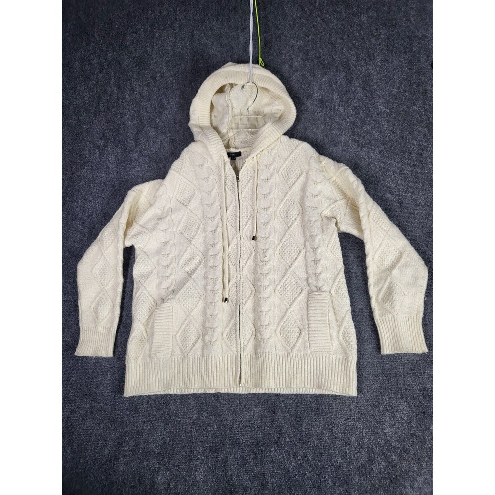 Fate‎ Cable Knit Hooded Jacket Women Sz L Full Zip Cream Fisherman Cottagecore